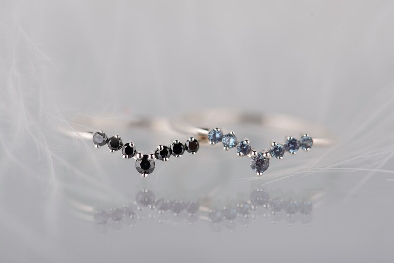 Sterling silver black diamond and alexandrite chevron stacking rings