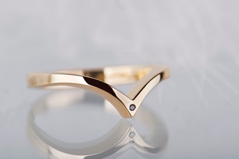 14K yellow gold small black diamond chevron wedding band