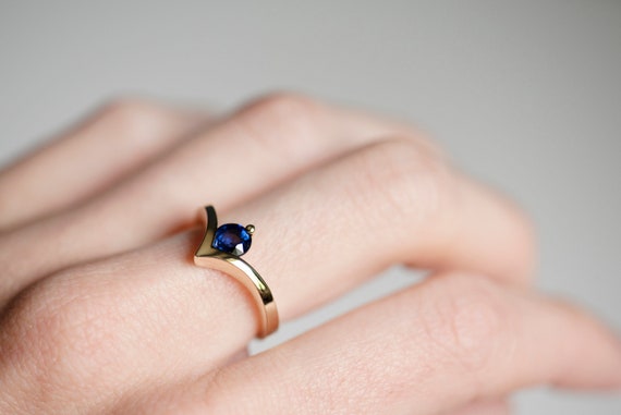 14K rose, yellow or white gold natural blue sapphire chevron engagement ring