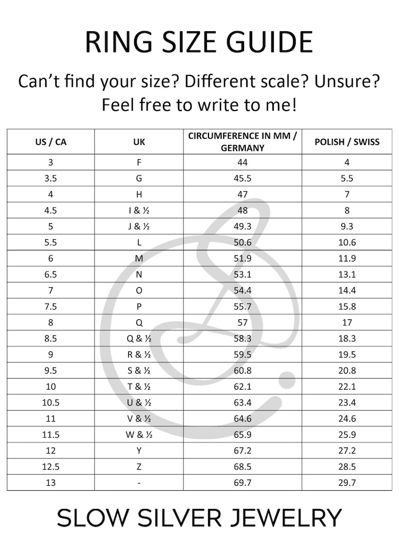 May include: A ring size guide chart with columns for US/CA, UK, Germany, and Polish/Swiss ring sizes. The chart shows the corresponding ring size in millimeters for each size.