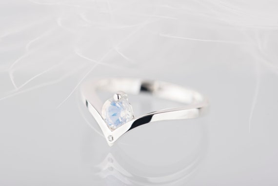 Sterling silver minimalist moonstone and diamond engagement chevron ring