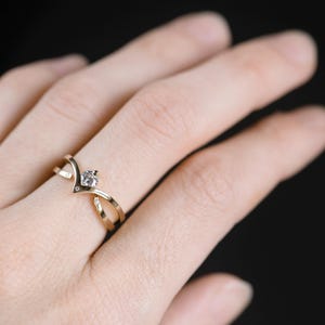 14K yellow gold two little diamonds open curved wedding band and 14K gold diamond chevron ring