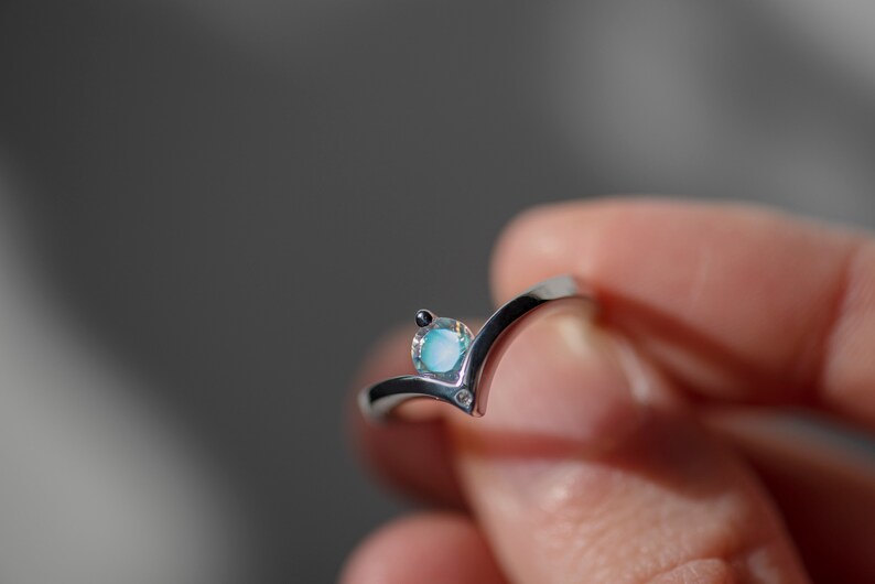 Sterling silver moonstone and diamond engagement chevron ring