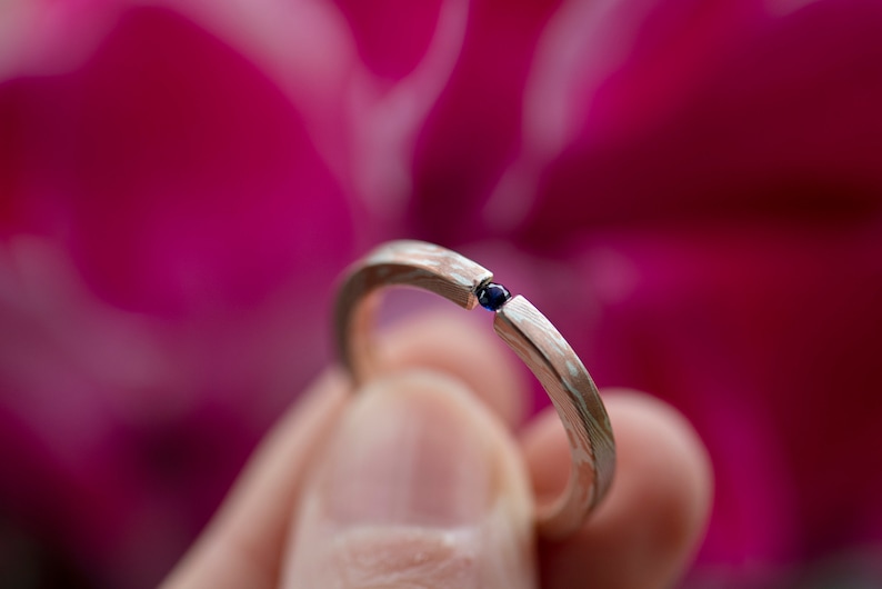 Mokume gane sterling silver and copper round natural blue sapphire tension engagement ring
