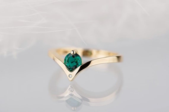 14K yellow, white or rose gold lab created emerald chevron solid engagement ring