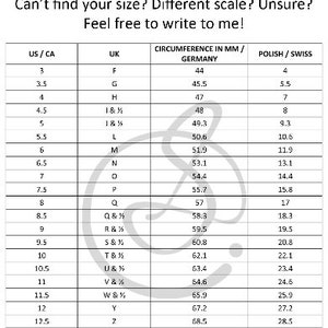 May include: A ring size guide chart with measurements in millimeters for US/CA, UK, Germany, and Polish/Swiss sizes. The chart shows the corresponding ring size for each country's sizing system.