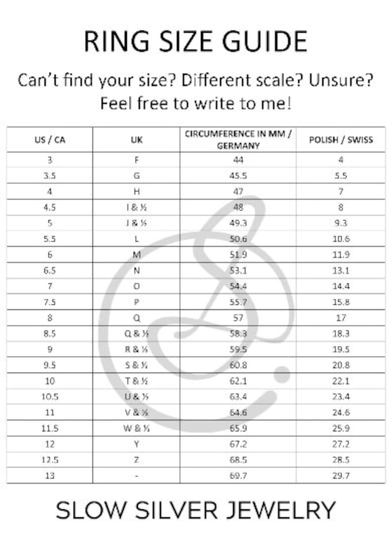 May include: A ring size guide chart with measurements in millimeters for US/CA, UK, Germany, and Polish/Swiss sizes. The chart shows the corresponding ring size for each country's sizing system.