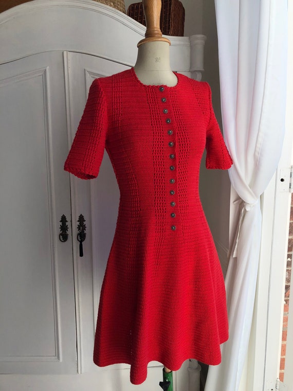 Vintage Red Crochet Dress, Handmade, Handknitted,