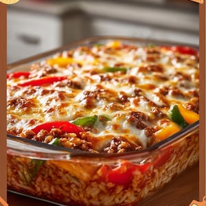 May include: A glass baking dish filled with a casserole. The dish contains rice, a meat and vegetable mixture, and melted cheese. Red, yellow, and green bell peppers are visible. The dish is rectangular in shape.