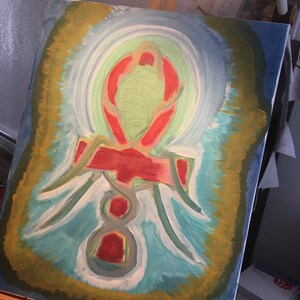 K&ouml;nnte beinhalten: Abstraktes Gem&auml;lde auf Leinwand mit einem roten, gr&uuml;nen und gelben Symbol in der Mitte. Der Hintergrund ist blau und wei&szlig; mit gelben und gr&uuml;nen Akzenten.