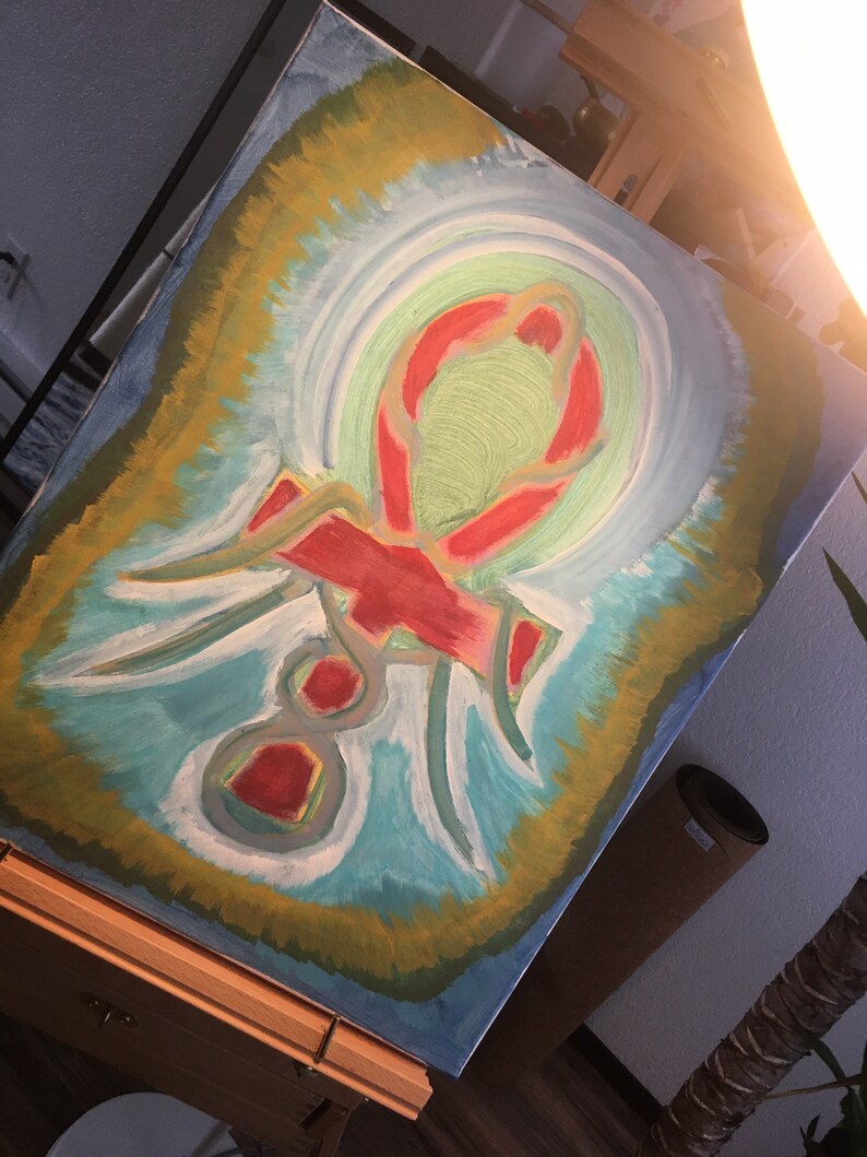 K&ouml;nnte beinhalten: Ein Gem&auml;lde auf Leinwand mit einem roten, wei&szlig;en und gr&uuml;nen Ankh-Symbol in der Mitte. Der Hintergrund ist ein abstraktes Design in Blau, Gr&uuml;n und Gelb.