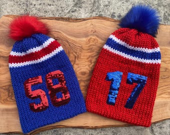 Custom Buffalo Bills Knit Beanie – Sequin Number, Sparkle Yarn