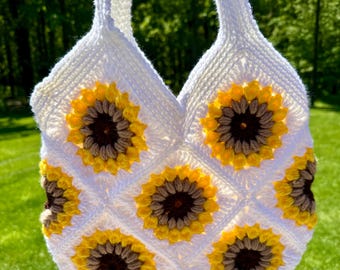Handmade Crochet Sunflower Tote Bag: Boho Festival Purse