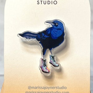 Austin Grackle Acrylic Pin | Grackle Bird in Boots Pin | Bird Acrylic Pin