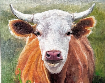 小さなオリジナルの油絵 野原の牛 アート風景の中の牛 農場の田舎の
