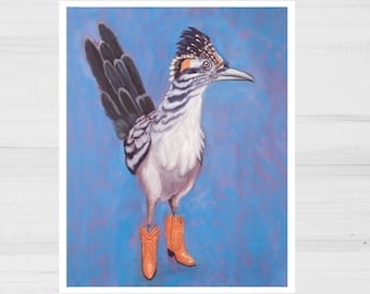 Roadrunner in Boots Art Print | Roadrunner Wall Art  | Funny Bird Painting Wall Decor | Western Wall Decor | Painting Art Print
