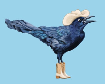 Grackle Cowboy Art Print , Grackle Cowboy Boots Art, Grackle Bird Art