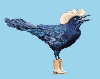 Grackle Cowboy Art Print, Grackle Cowboy Stiefel Kunst, Grackle Vogel Art