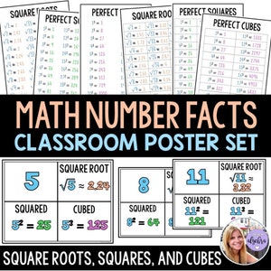 May include: A set of colorful classroom posters with math number facts. The posters feature the numbers 5, 8, and 11, with their squares, cubes, and square roots. The posters are designed to help students learn basic math concepts.