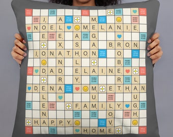 Personalised custom double sided Scrabble themed Pillow/Cushion with all over print available in a variety of colours.