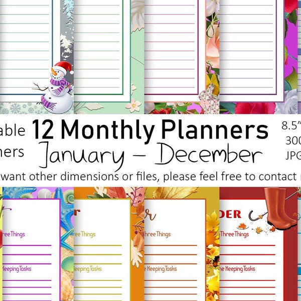 12 Monthly Planner, Monthly Planner 2019, Monthly Planner Printable, Planner Printable, Digital Monthly Planner Good Notes,Printable Planner