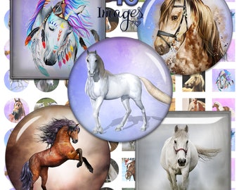 Horses Digital Collage Sheets,2",1.5",1.25"1",35mm,30mm,25mm,20mm,12mm,Bottle cap,Circles images,Square images,Cabochon,Download Printable