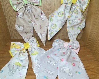 Handmade Fabric Easter Bow, Bunnies Sheep Lambs Easter eggs Ducks