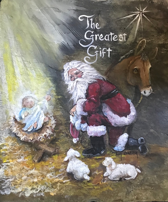 Slate Painting, Santa With Baby Jesus, Christmas Holiday Decor