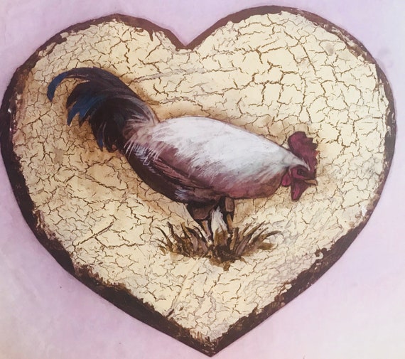 Hand Painted Slate Painting, Country Decor, Rooster on Heart Shape Hand Cut Slate