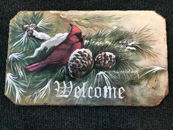 Slate Painting, Winter Welcome Sign, Door Hanger Cardinal, Gift for Cardinal Lovers