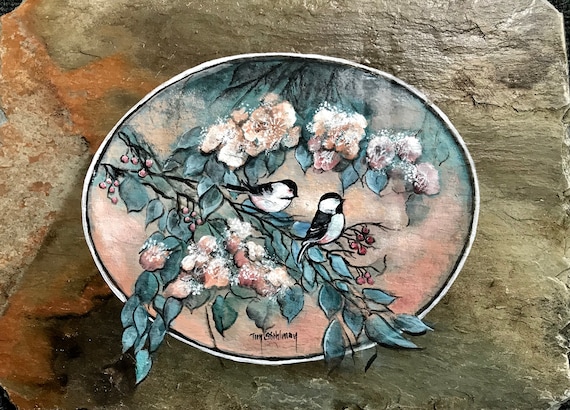 Slate Painting, Welcome Slate Sign, Chickadees, Asian Decor, Door Hanger, Wall Art