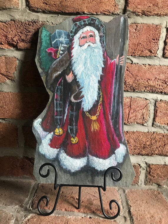 Scottish Santa on Easel, Painted Slate, Mantle Decor, Holiday Christmas Decor, Hand Painted Slate, Old World German Santa