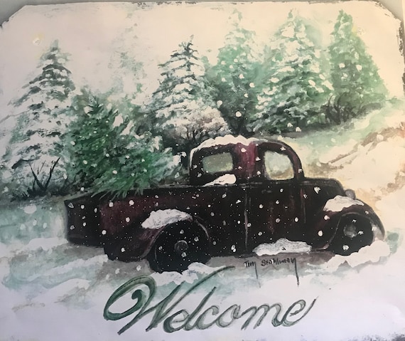 Vintage Old Truck, Welcome Sign, Winter Door Hanger, Holiday Decor, Winter Decor