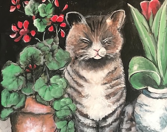 Slate Painting, Spring or Summer Welcome, Asian Art, Handmade Gift for Cat Lovers