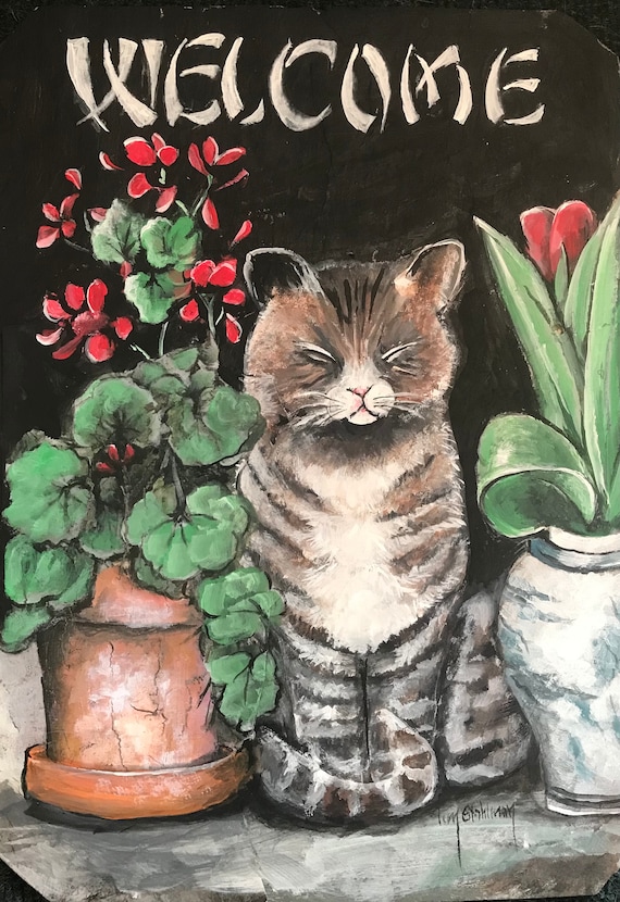 Slate Painting, Spring or Summer Welcome, Asian Art, Handmade Gift for Cat Lovers