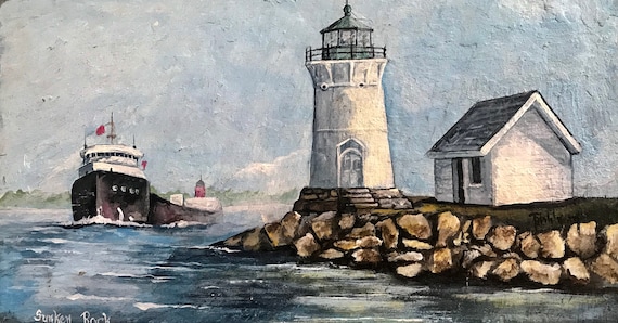 Sunken Rock Light, Slate Painting, Wall Hanging, Thousand Islands, Lighthouse Nautical Decor