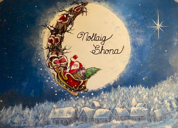 Irish Santa, Nollaig Shona, Christmas Holiday Decor, Slate Painting, Santa With Reindeer Sleigh