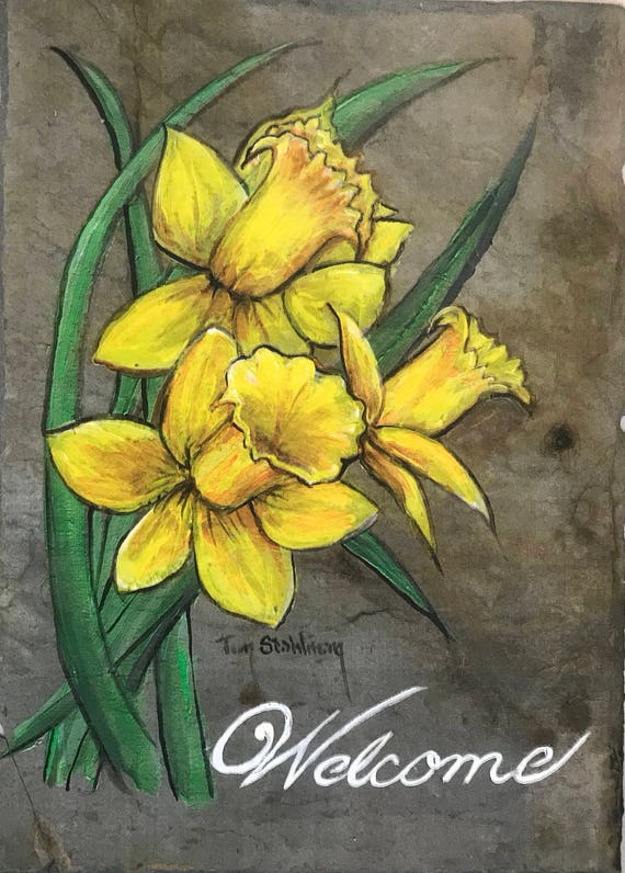 Spring Slate Painting, Daffodils, Spring Welcome Sign, Garden Porch Decor, Spring Flowers, Door Hanger