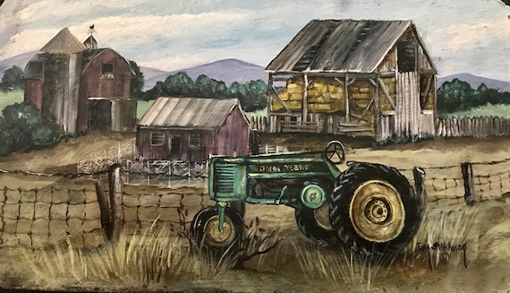 Green Tractor Slate Painting, Welcome Sign, Farmhouse Decor, Gift for Tractor Collectors