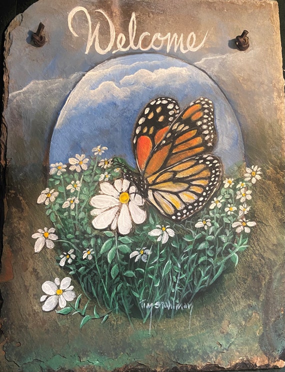 Slate Painting, Monarch Butterfly Welcome Sign, Gift for Butterfly Lovers, Door Hanger, Garden Porch Decor