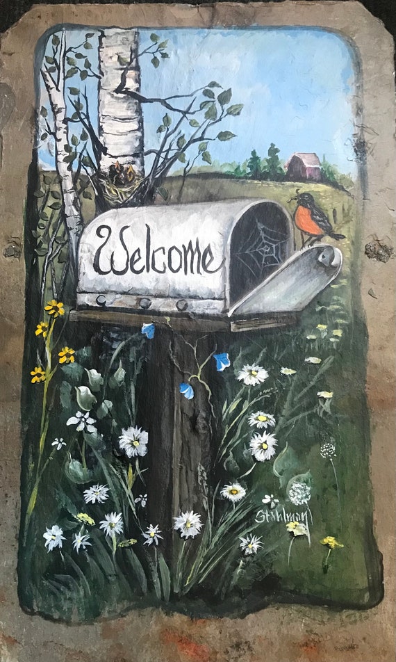 Slate Painting, Welcome Sign, Door Hanger, Mailbox Mail Carrier Gift, Slate Art