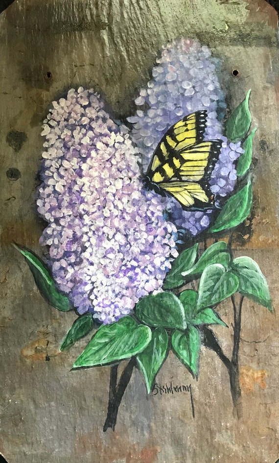 Slate Painting, Lilac Monarch Door Hanger, Welcome Sign, Garden Decor, Porch Decor, Gift for Mother