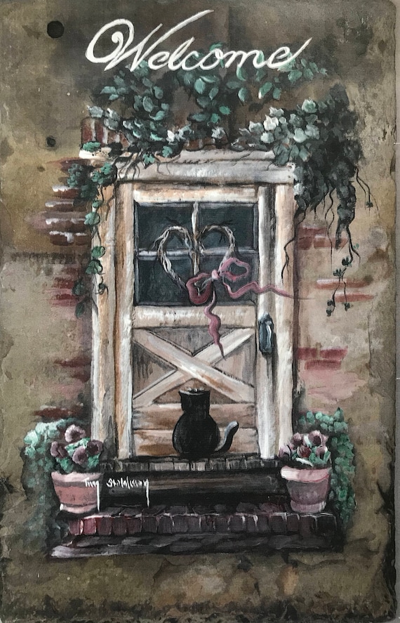 Slate Painting, Welcome Sign, Gift for Cat Lover, Cute Door Hanger, Garden Porch Decor