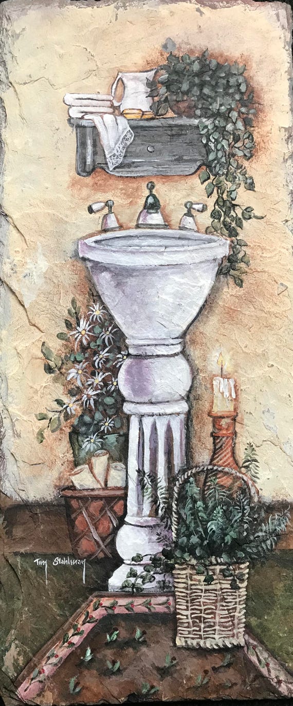 Powder Room, Hand Painted Slate,Bath Basin, Powder Room, Bathroom Decor, Slate Painting, Bathroom Wall Hanging, Country Decor