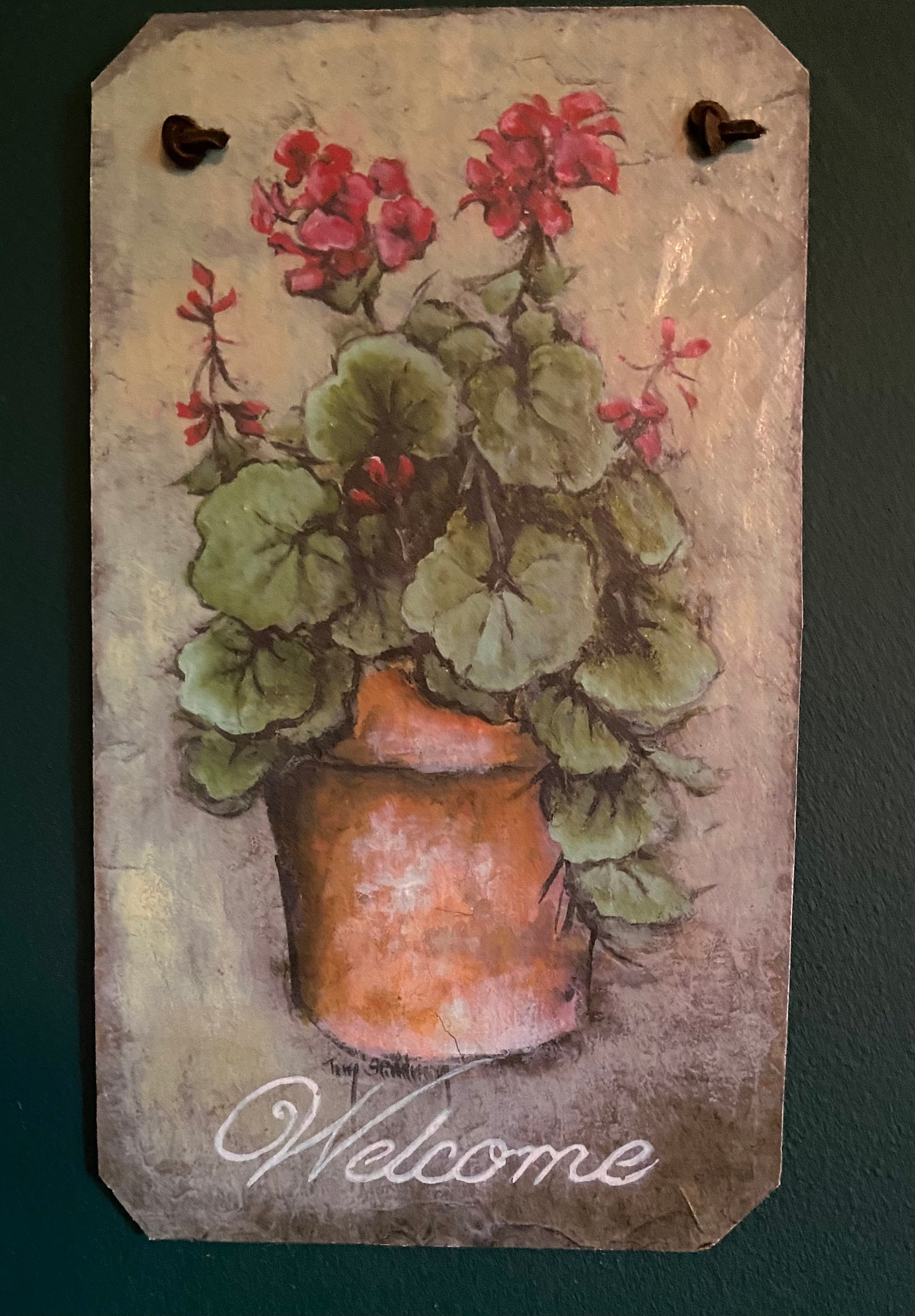 Slate Painting, Welcome Sign, Geraniums Flower Lovers, Garden Decor ...
