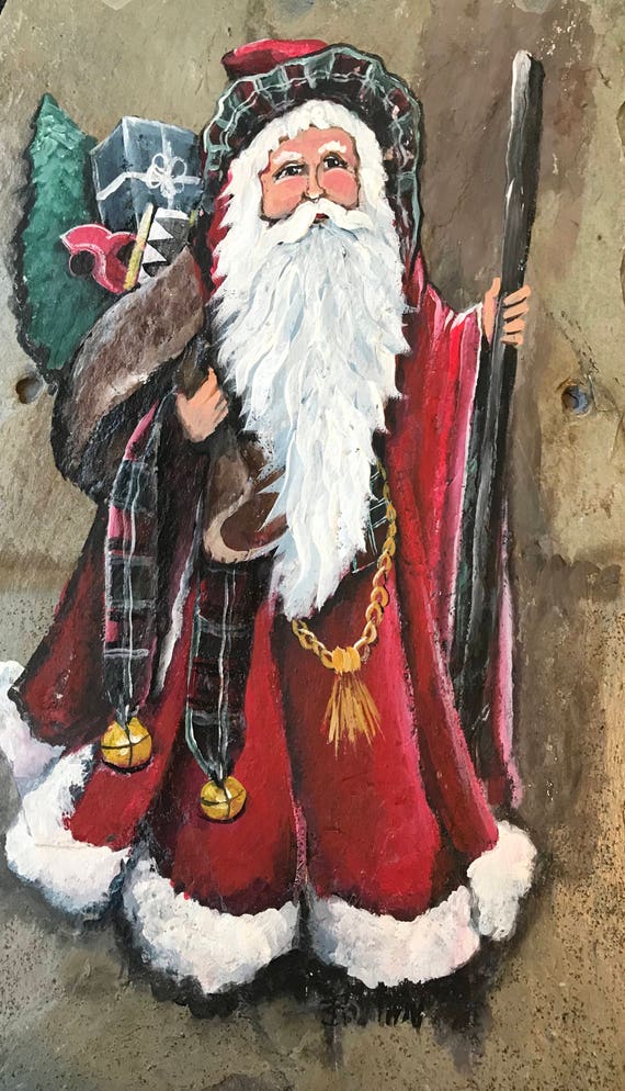 Slate Santa, Scottish Plaid Scarf, Christmas Holiday Decor, Gift for Santa Collectors