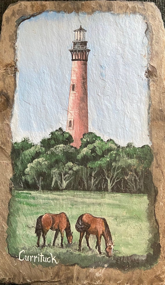 Slate Painting, Wall Art, Gift for Lighthouse Lovers, Outer Banks Lights, N Carolina Lighthouse, Currituck Light, Wild Ponies