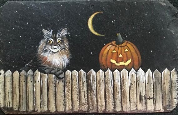 Slate Painting, Halloween Decor, Gift for Cat Kitty Lovers, Maine Coon