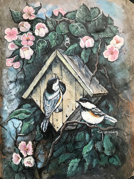 Hand Painted Slate, Spring Welcome Sign, Chicadees on the Birdhouse