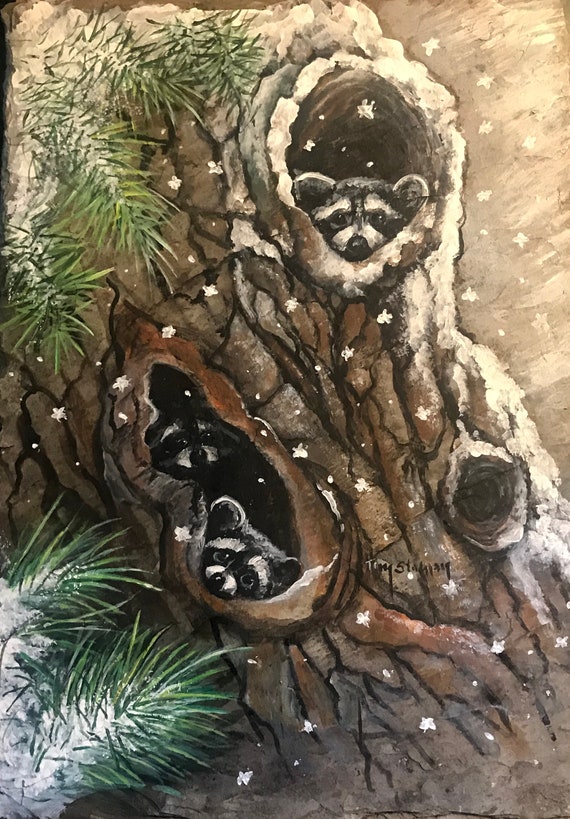 Hand Painted Slate, Raccoons in a Tree, Wildlife Slate Painting, Welcome Sign, Plaque, Cute Coons, Painting for Animal Lovers